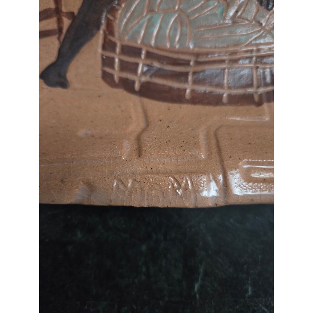 MAM Studio Pottery Tray 10.25" African Folk Art Scene Brown Glaze Signed